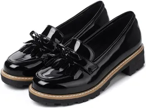 MIOKE Women's Classic Tassel Flat Oxford Shoes Patent Leather Slip On Low Heel Bow Tie School Penny Loafers