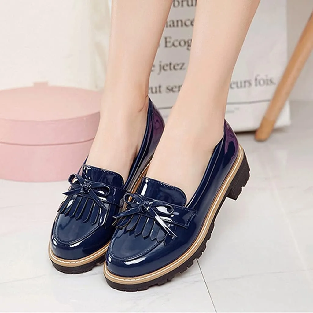 MIOKE Women's Classic Tassel Flat Oxford Shoes Patent Leather Slip On Low Heel Bow Tie School Penny Loafers
