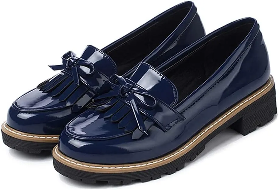 MIOKE Women's Classic Tassel Flat Oxford Shoes Patent Leather Slip On Low Heel Bow Tie School Penny Loafers