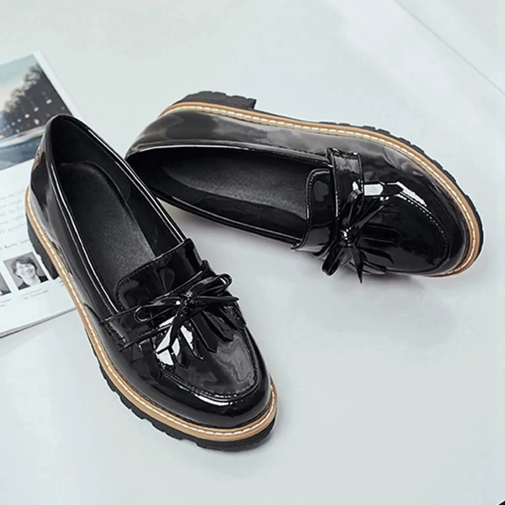 MIOKE Women's Classic Tassel Flat Oxford Shoes Patent Leather Slip On Low Heel Bow Tie School Penny Loafers