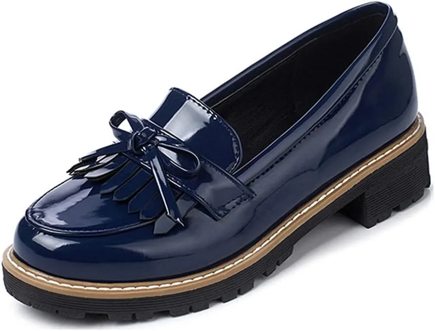 MIOKE Women's Classic Tassel Flat Oxford Shoes Patent Leather Slip On Low Heel Bow Tie School Penny Loafers