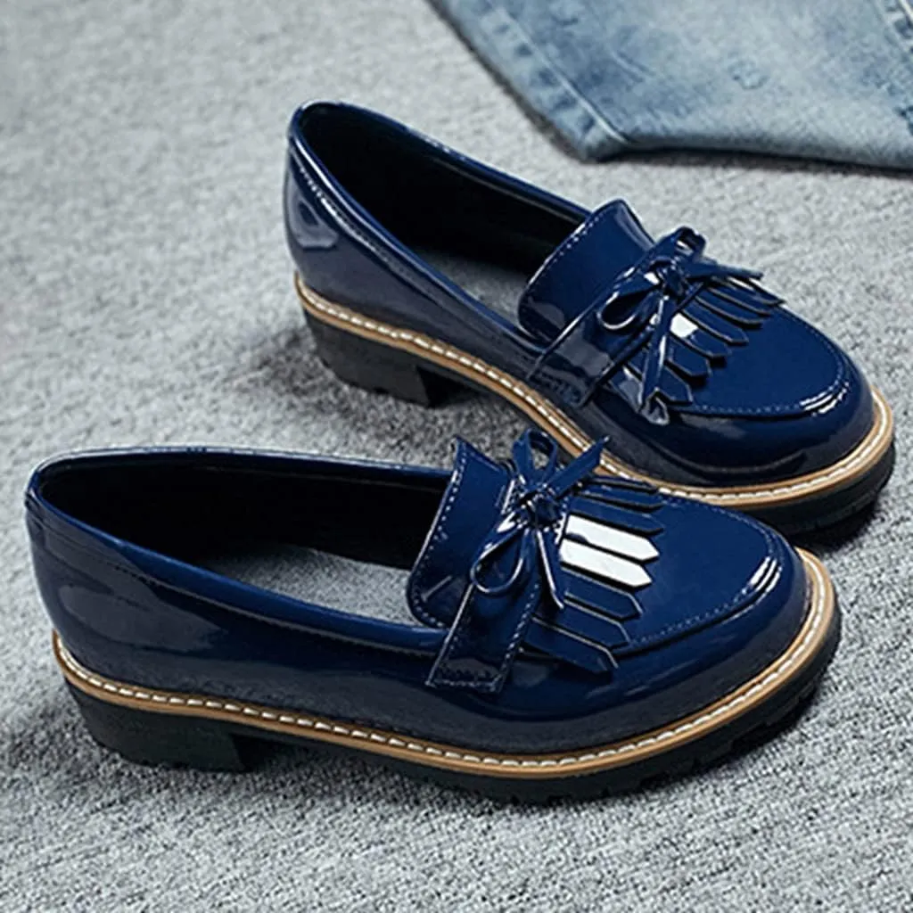 MIOKE Women's Classic Tassel Flat Oxford Shoes Patent Leather Slip On Low Heel Bow Tie School Penny Loafers