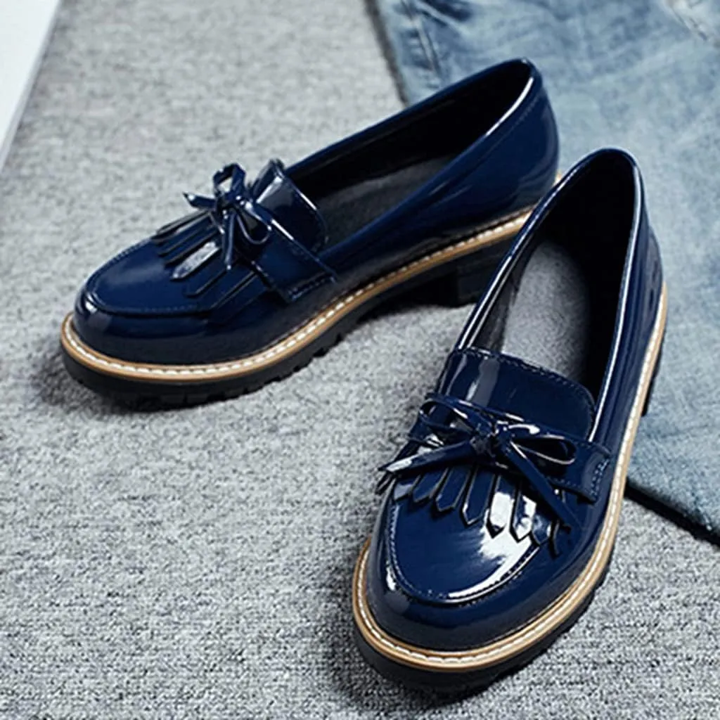 MIOKE Women's Classic Tassel Flat Oxford Shoes Patent Leather Slip On Low Heel Bow Tie School Penny Loafers