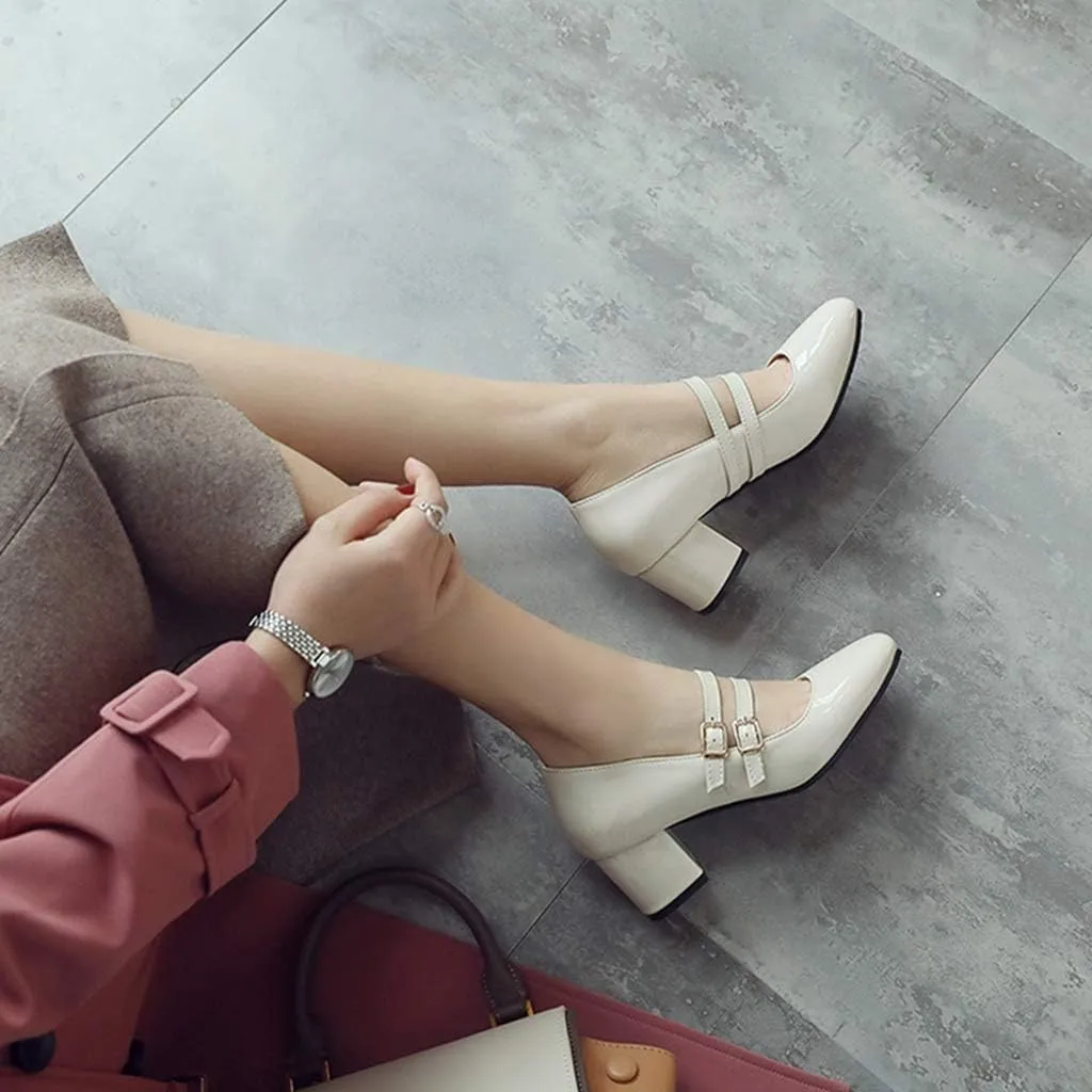MIOKE Women's Mary Jane Pump Oxford Retro Square Toe Patent Leather Buckle Strap Chunky Mid Heel Dress Shoes