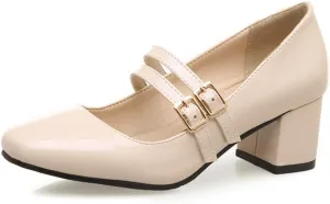 MIOKE Women's Mary Jane Pump Oxford Retro Square Toe Patent Leather Buckle Strap Chunky Mid Heel Dress Shoes