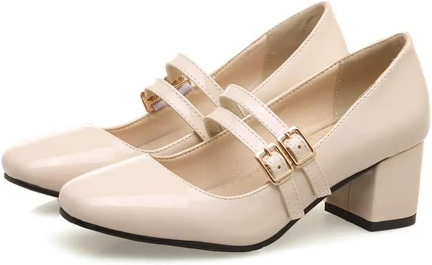 MIOKE Women's Mary Jane Pump Oxford Retro Square Toe Patent Leather Buckle Strap Chunky Mid Heel Dress Shoes