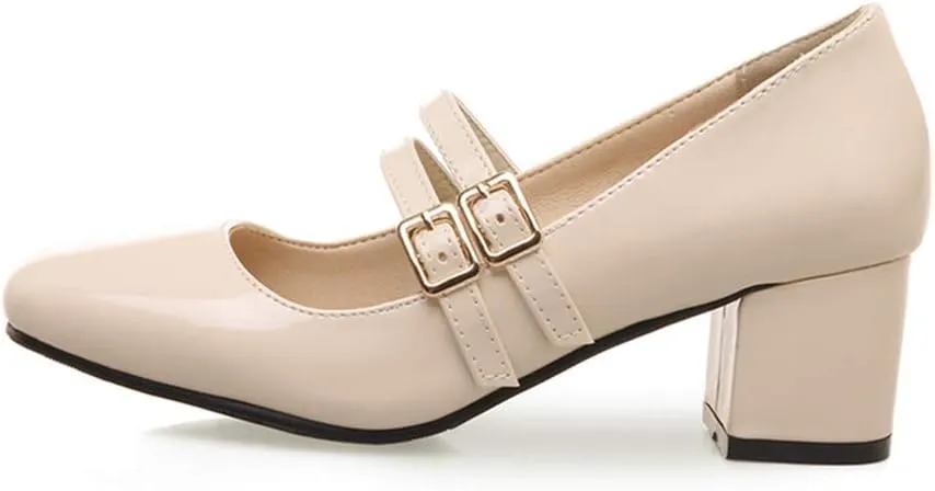 MIOKE Women's Mary Jane Pump Oxford Retro Square Toe Patent Leather Buckle Strap Chunky Mid Heel Dress Shoes