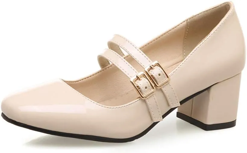 MIOKE Women's Mary Jane Pump Oxford Retro Square Toe Patent Leather Buckle Strap Chunky Mid Heel Dress Shoes