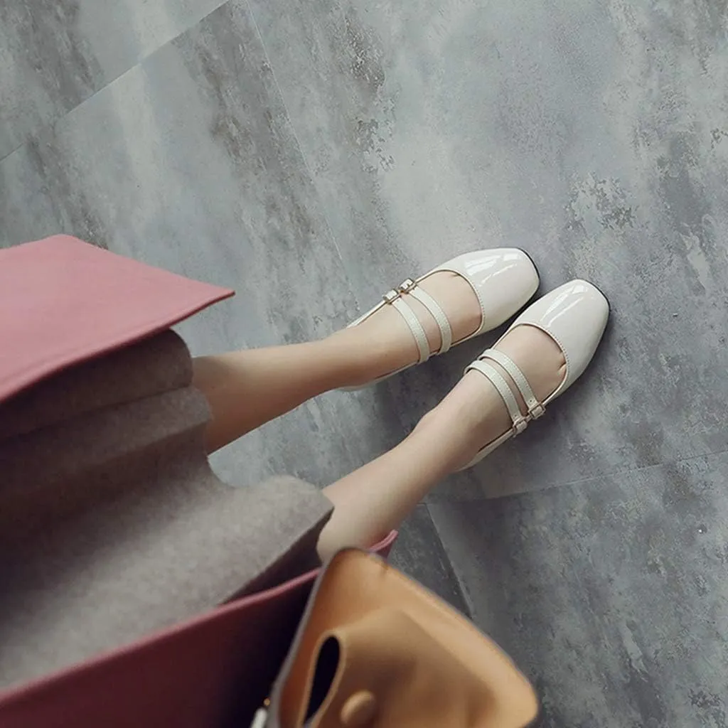 MIOKE Women's Mary Jane Pump Oxford Retro Square Toe Patent Leather Buckle Strap Chunky Mid Heel Dress Shoes