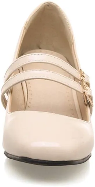MIOKE Women's Mary Jane Pump Oxford Retro Square Toe Patent Leather Buckle Strap Chunky Mid Heel Dress Shoes