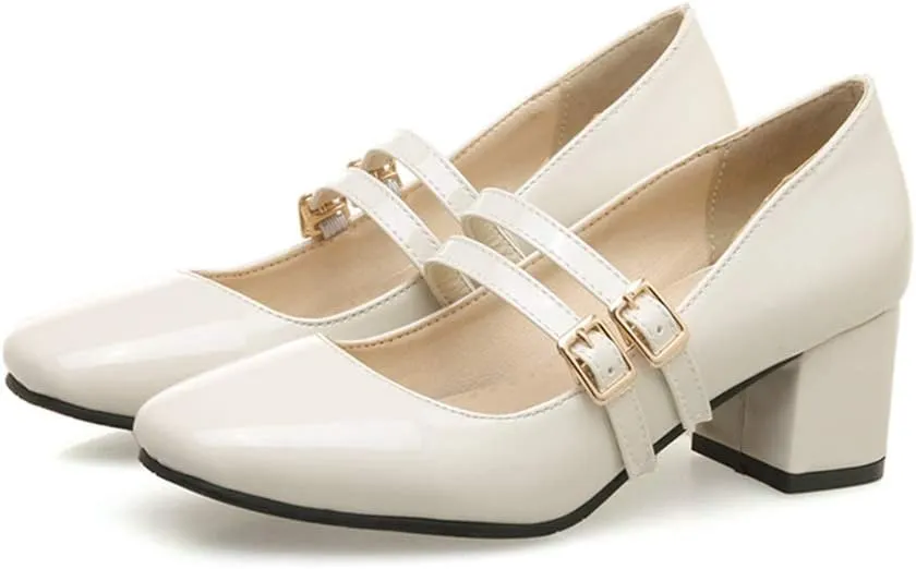 MIOKE Women's Mary Jane Pump Oxford Retro Square Toe Patent Leather Buckle Strap Chunky Mid Heel Dress Shoes