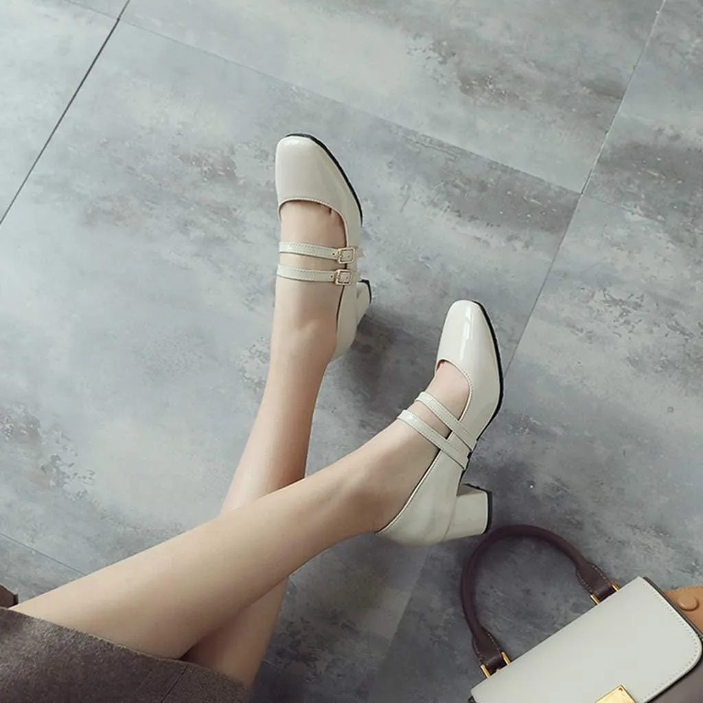 MIOKE Women's Mary Jane Pump Oxford Retro Square Toe Patent Leather Buckle Strap Chunky Mid Heel Dress Shoes