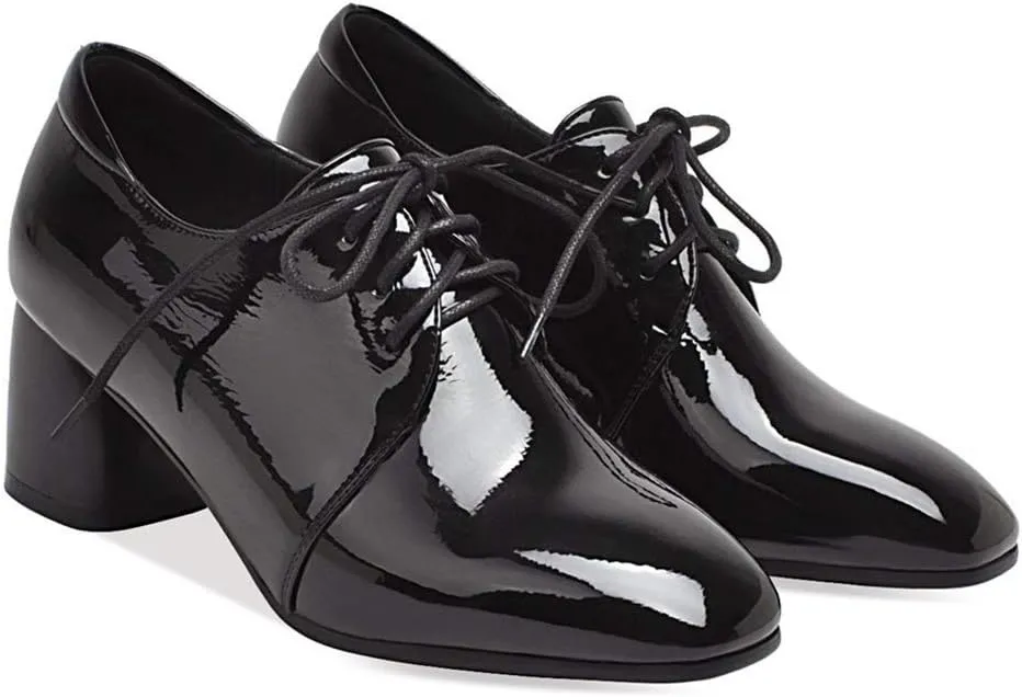 MIOKE Women's Pointed Toe Pump Oxfords Patent Leather Buckle Chunky Block Heel Western Dress Loafers Shoes