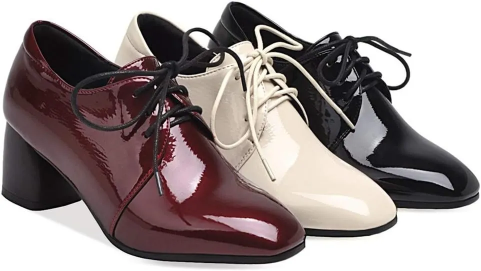 MIOKE Women's Pointed Toe Pump Oxfords Patent Leather Buckle Chunky Block Heel Western Dress Loafers Shoes
