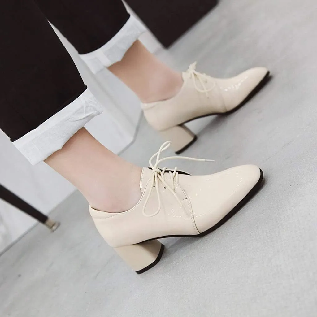 MIOKE Women's Pointed Toe Pump Oxfords Patent Leather Buckle Chunky Block Heel Western Dress Loafers Shoes