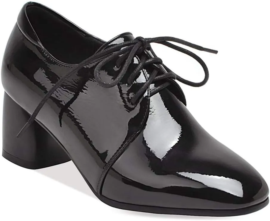 MIOKE Women's Pointed Toe Pump Oxfords Patent Leather Buckle Chunky Block Heel Western Dress Loafers Shoes