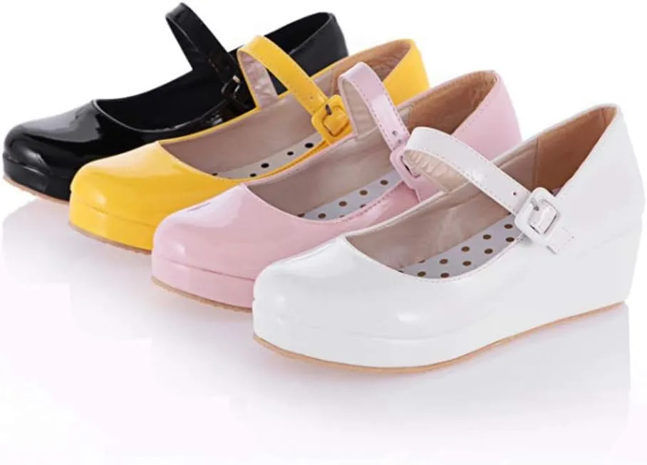 MIOKE Women's Round Toe Mary Jane Wedge Pumps Patent Leather Buckle Strap Chunky Mid Heel Retro Dress Shoes