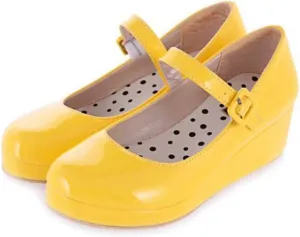 MIOKE Women's Round Toe Mary Jane Wedge Pumps Patent Leather Buckle Strap Chunky Mid Heel Retro Dress Shoes