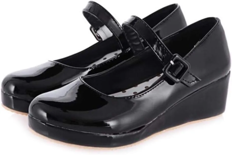 MIOKE Women's Round Toe Mary Jane Wedge Pumps Patent Leather Buckle Strap Chunky Mid Heel Retro Dress Shoes