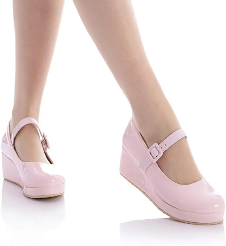 MIOKE Women's Round Toe Mary Jane Wedge Pumps Patent Leather Buckle Strap Chunky Mid Heel Retro Dress Shoes