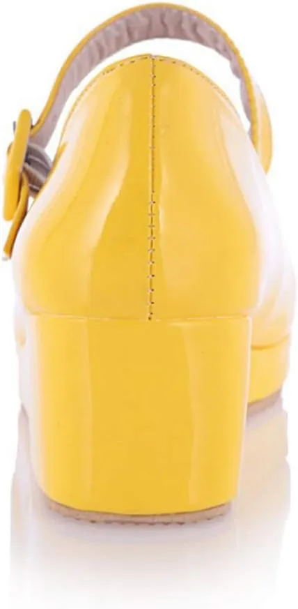 MIOKE Women's Round Toe Mary Jane Wedge Pumps Patent Leather Buckle Strap Chunky Mid Heel Retro Dress Shoes