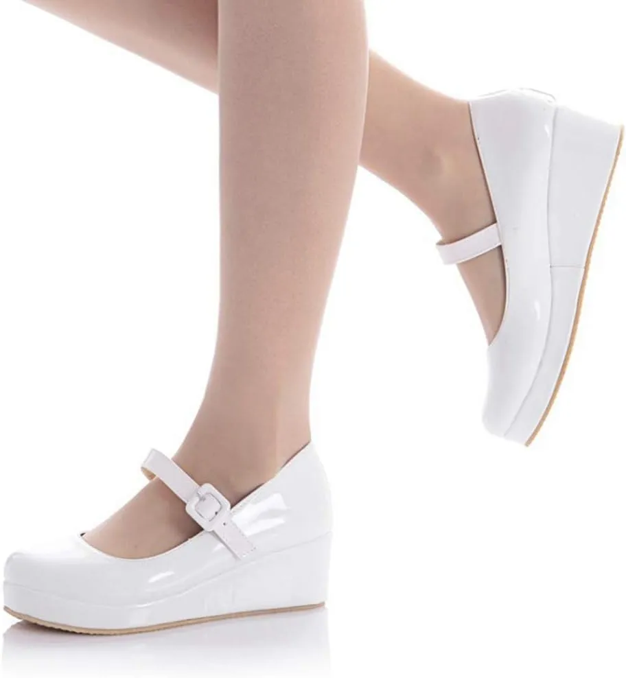 MIOKE Women's Round Toe Mary Jane Wedge Pumps Patent Leather Buckle Strap Chunky Mid Heel Retro Dress Shoes