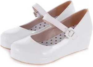 MIOKE Women's Round Toe Mary Jane Wedge Pumps Patent Leather Buckle Strap Chunky Mid Heel Retro Dress Shoes