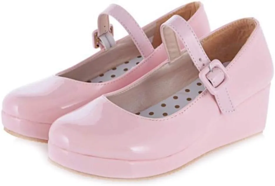 MIOKE Women's Round Toe Mary Jane Wedge Pumps Patent Leather Buckle Strap Chunky Mid Heel Retro Dress Shoes