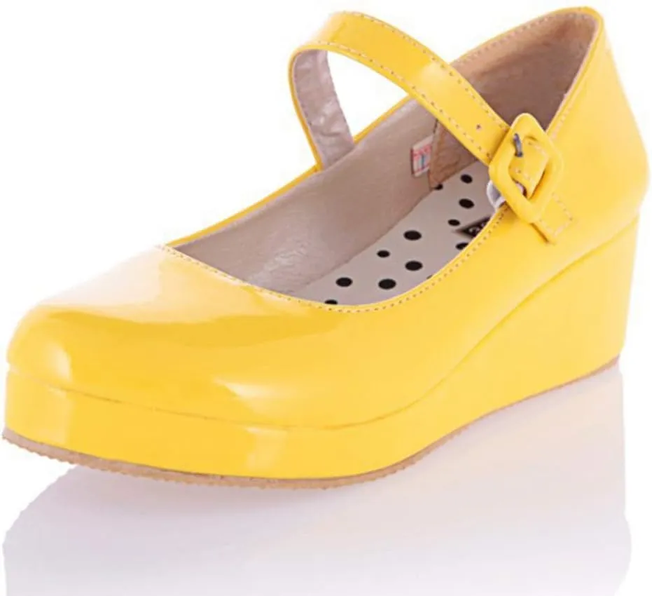 MIOKE Women's Round Toe Mary Jane Wedge Pumps Patent Leather Buckle Strap Chunky Mid Heel Retro Dress Shoes