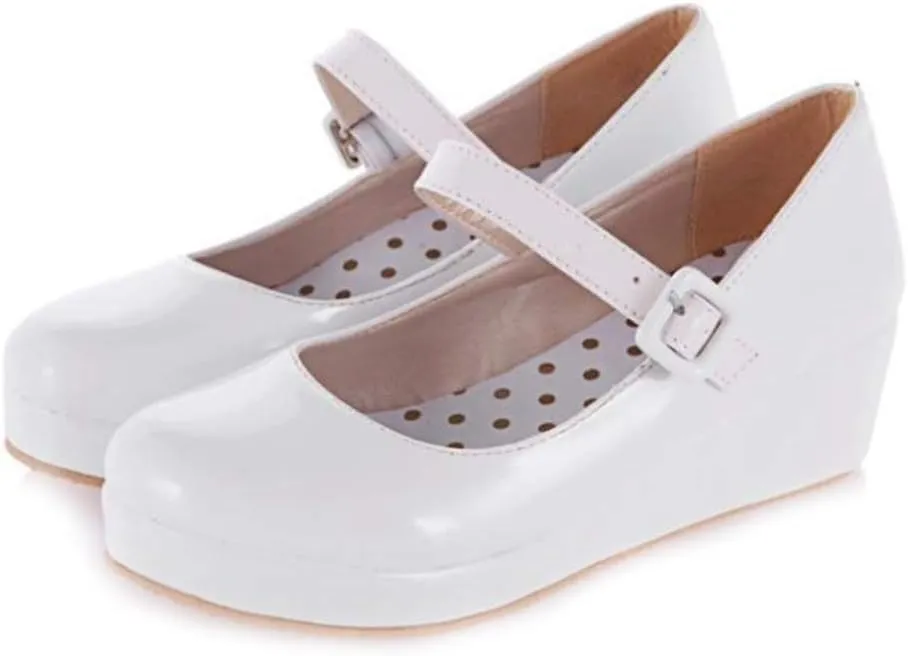 MIOKE Women's Round Toe Mary Jane Wedge Pumps Patent Leather Buckle Strap Chunky Mid Heel Retro Dress Shoes