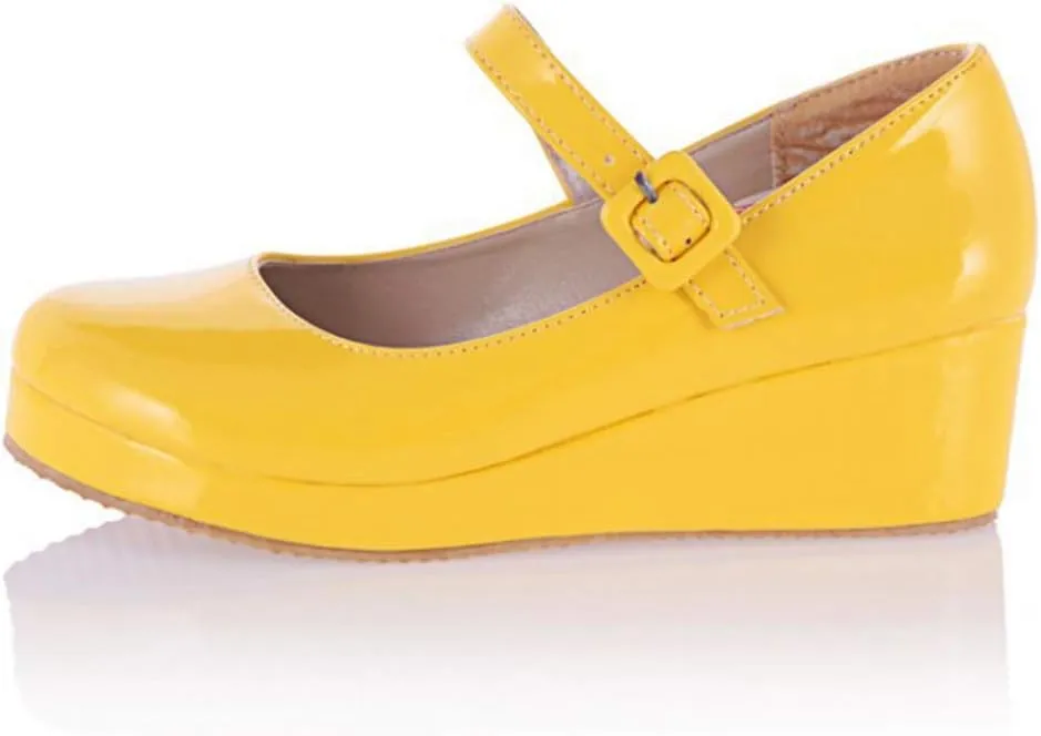 MIOKE Women's Round Toe Mary Jane Wedge Pumps Patent Leather Buckle Strap Chunky Mid Heel Retro Dress Shoes