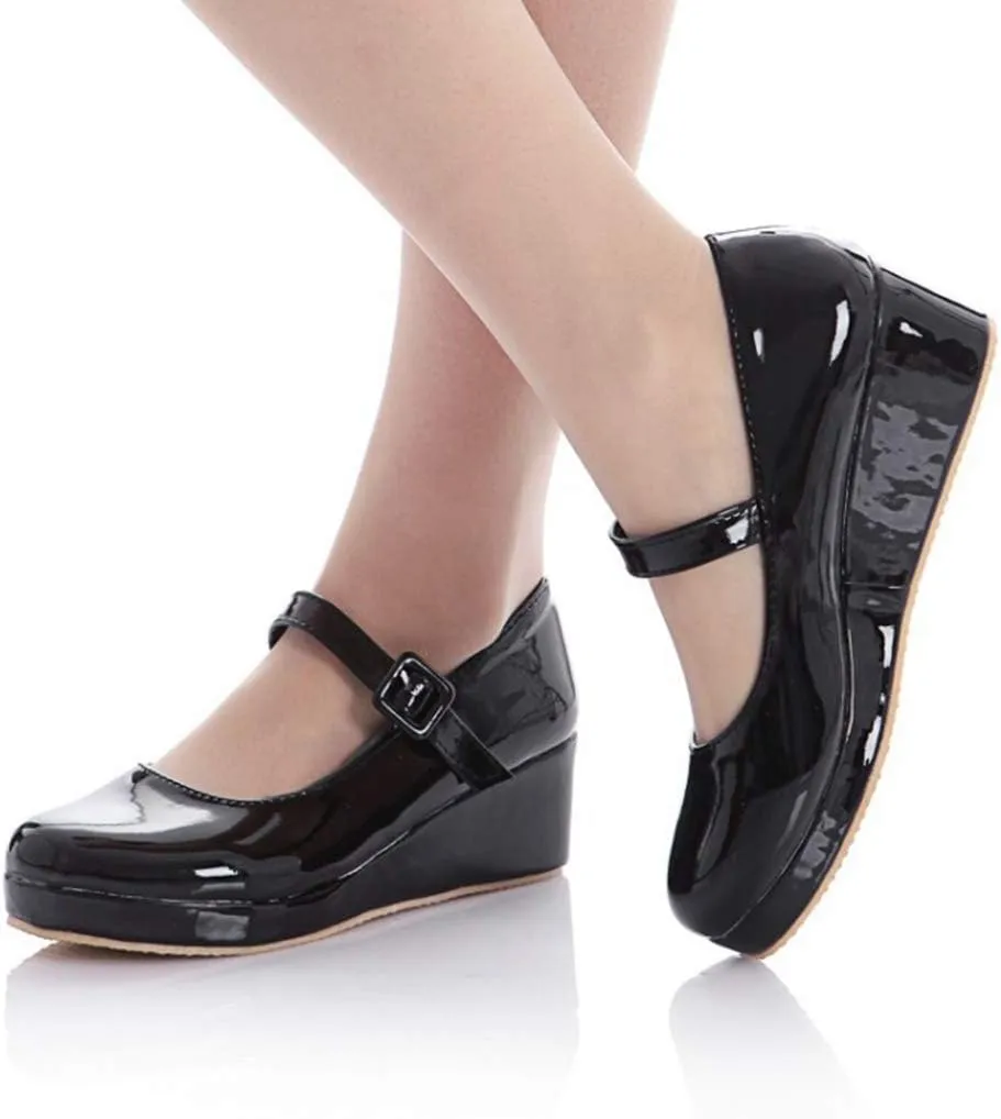 MIOKE Women's Round Toe Mary Jane Wedge Pumps Patent Leather Buckle Strap Chunky Mid Heel Retro Dress Shoes
