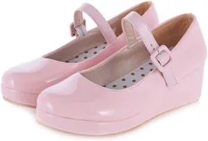 MIOKE Women's Round Toe Mary Jane Wedge Pumps Patent Leather Buckle Strap Chunky Mid Heel Retro Dress Shoes