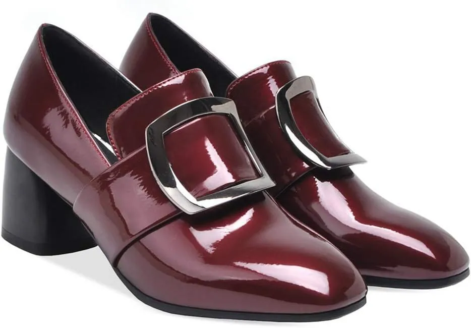 MIOKE Women's Square Toe Buckle Pump Penny Loafer Patent Leather Slip On Block Mid Heel Classic Oxford Shoes