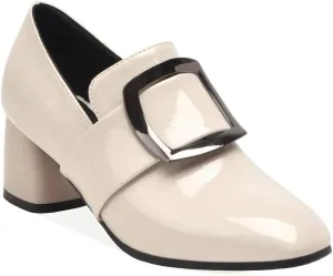 MIOKE Women's Square Toe Buckle Pump Penny Loafer Patent Leather Slip On Block Mid Heel Classic Oxford Shoes