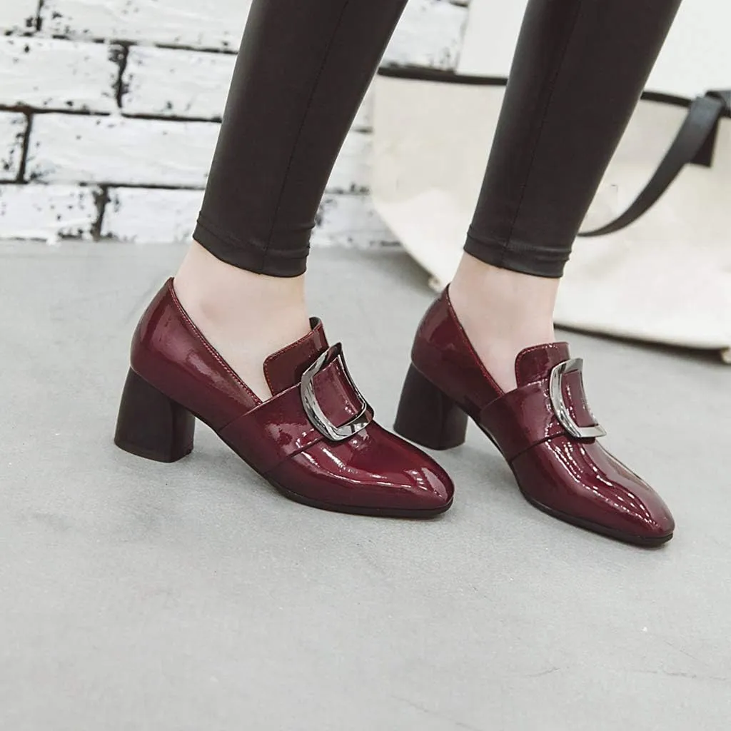 MIOKE Women's Square Toe Buckle Pump Penny Loafer Patent Leather Slip On Block Mid Heel Classic Oxford Shoes