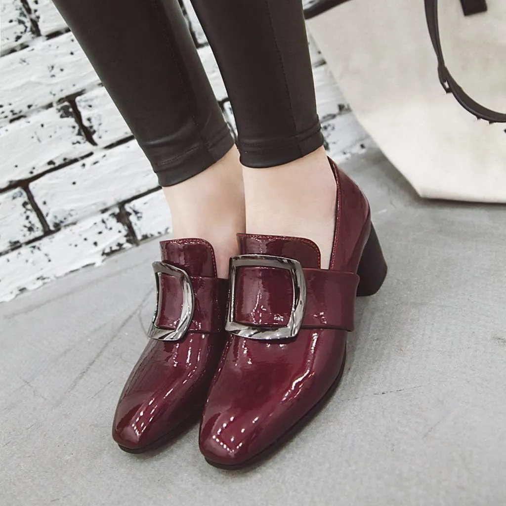 MIOKE Women's Square Toe Buckle Pump Penny Loafer Patent Leather Slip On Block Mid Heel Classic Oxford Shoes