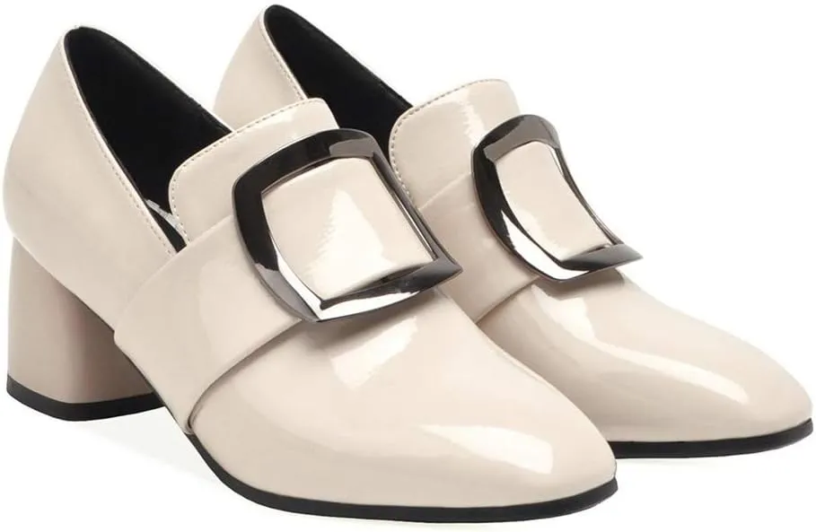 MIOKE Women's Square Toe Buckle Pump Penny Loafer Patent Leather Slip On Block Mid Heel Classic Oxford Shoes
