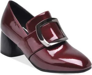 MIOKE Women's Square Toe Buckle Pump Penny Loafer Patent Leather Slip On Block Mid Heel Classic Oxford Shoes