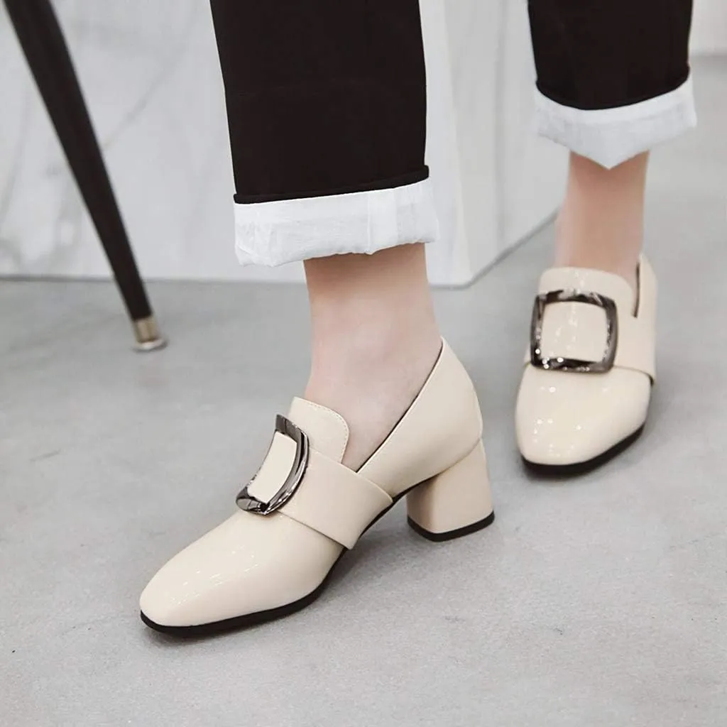 MIOKE Women's Square Toe Buckle Pump Penny Loafer Patent Leather Slip On Block Mid Heel Classic Oxford Shoes