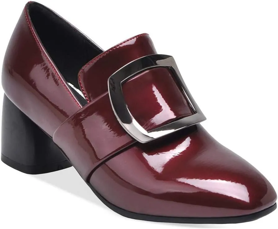 MIOKE Women's Square Toe Buckle Pump Penny Loafer Patent Leather Slip On Block Mid Heel Classic Oxford Shoes