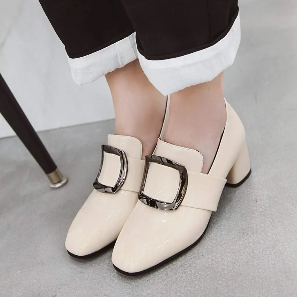 MIOKE Women's Square Toe Buckle Pump Penny Loafer Patent Leather Slip On Block Mid Heel Classic Oxford Shoes