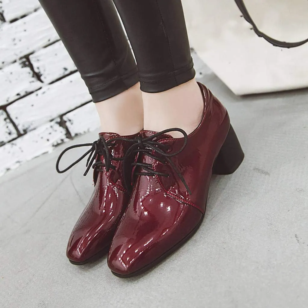 MIOKE Women's Square Toe Lace Up Pump Oxford Patent Leather Chunky Block Mid Heel Western Dress Loafer Shoes