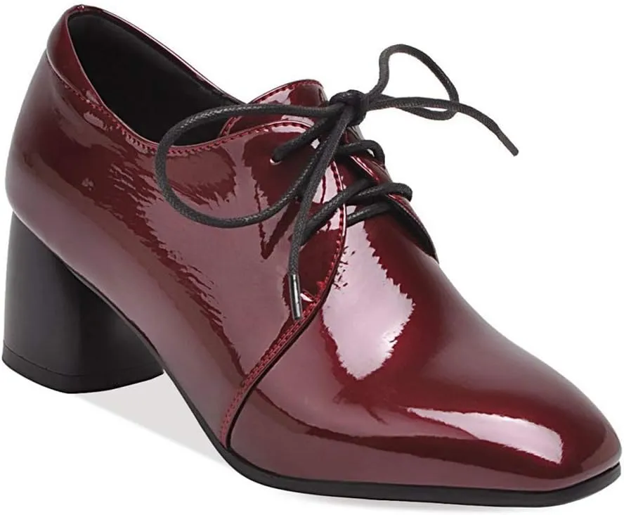 MIOKE Women's Square Toe Lace Up Pump Oxford Patent Leather Chunky Block Mid Heel Western Dress Loafer Shoes