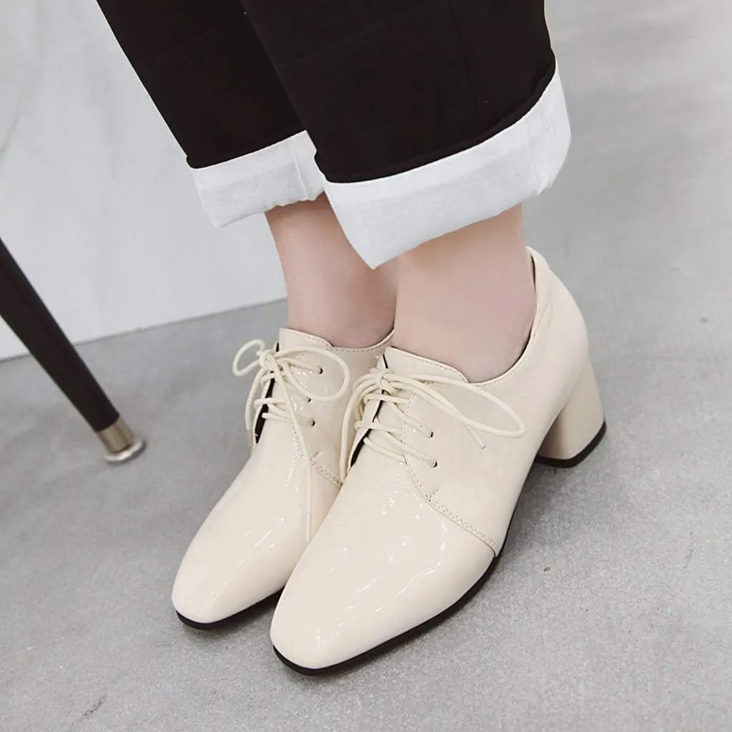 MIOKE Women's Square Toe Lace Up Pump Oxford Patent Leather Chunky Block Mid Heel Western Dress Loafer Shoes