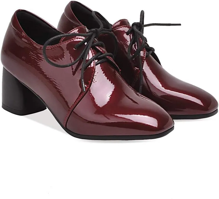 MIOKE Women's Square Toe Lace Up Pump Oxford Patent Leather Chunky Block Mid Heel Western Dress Loafer Shoes