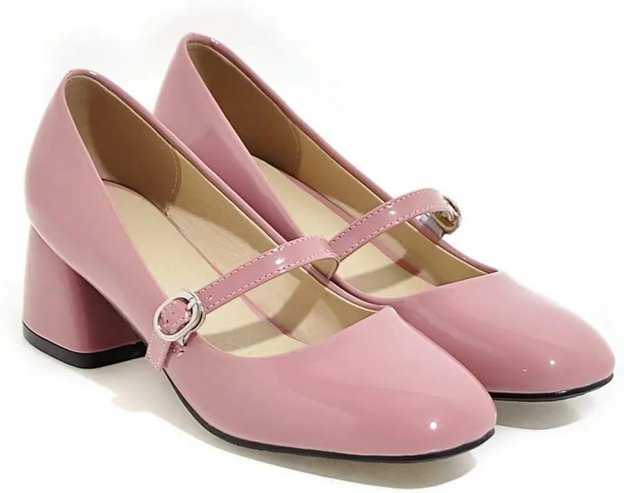 MIOKE Women's Square Toe Mary Jane Pump Oxford Patent Leather Buckle Strap Chunky Mid Heel Retro Dress Shoes