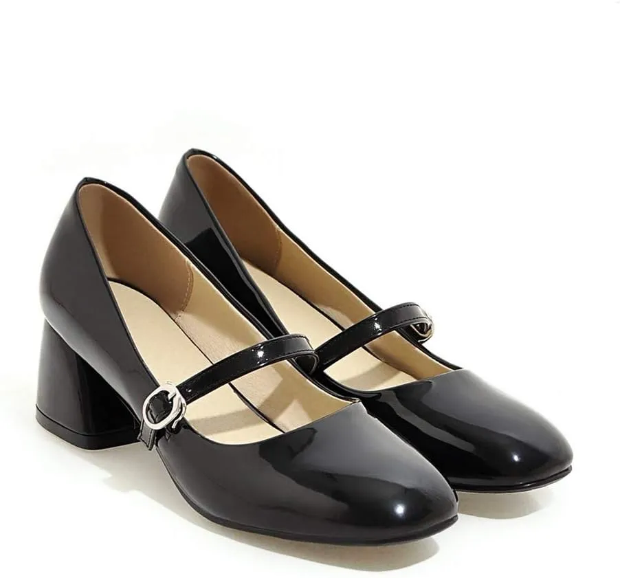 MIOKE Women's Square Toe Mary Jane Pump Oxford Patent Leather Buckle Strap Chunky Mid Heel Retro Dress Shoes