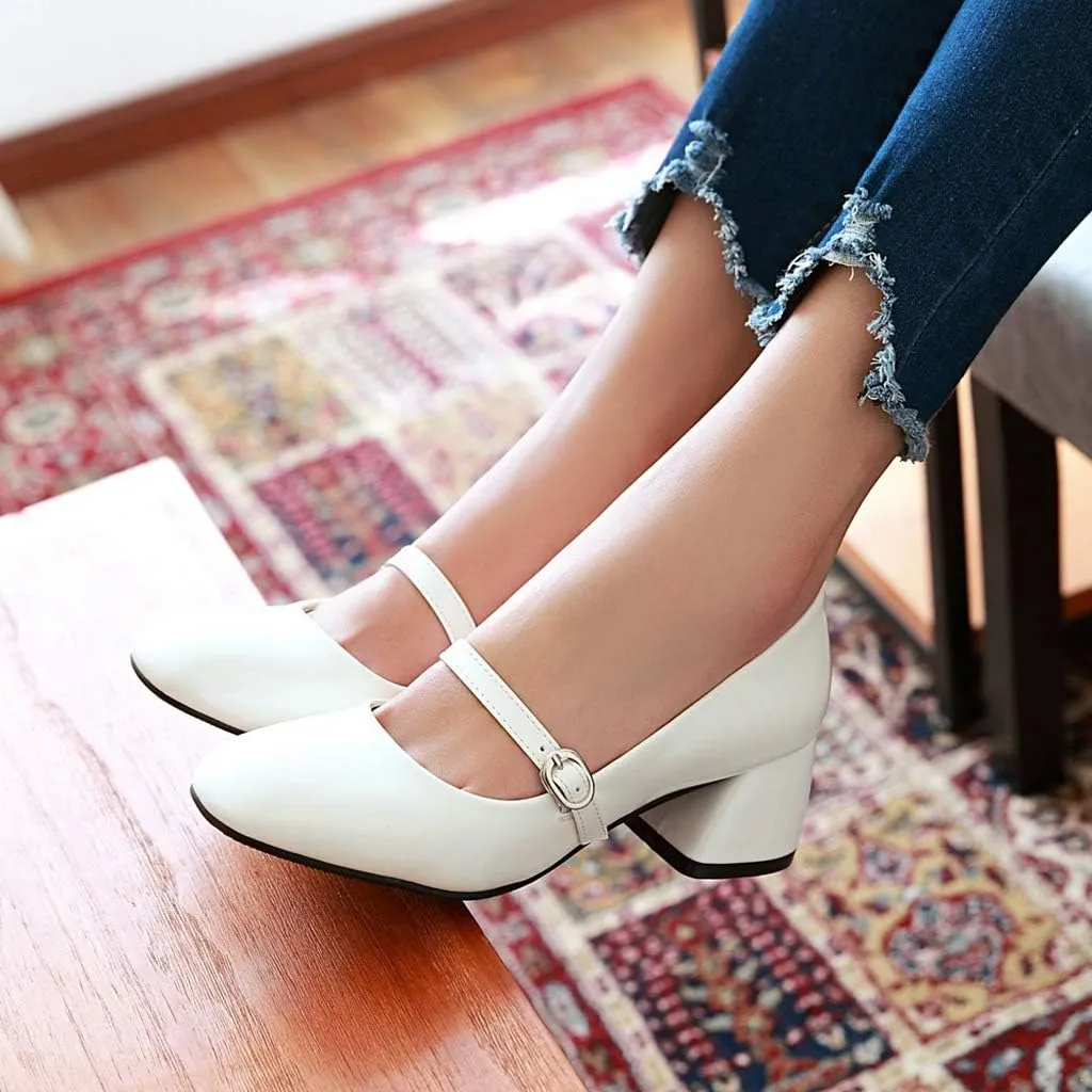 MIOKE Women's Square Toe Mary Jane Pump Oxford Patent Leather Buckle Strap Chunky Mid Heel Retro Dress Shoes