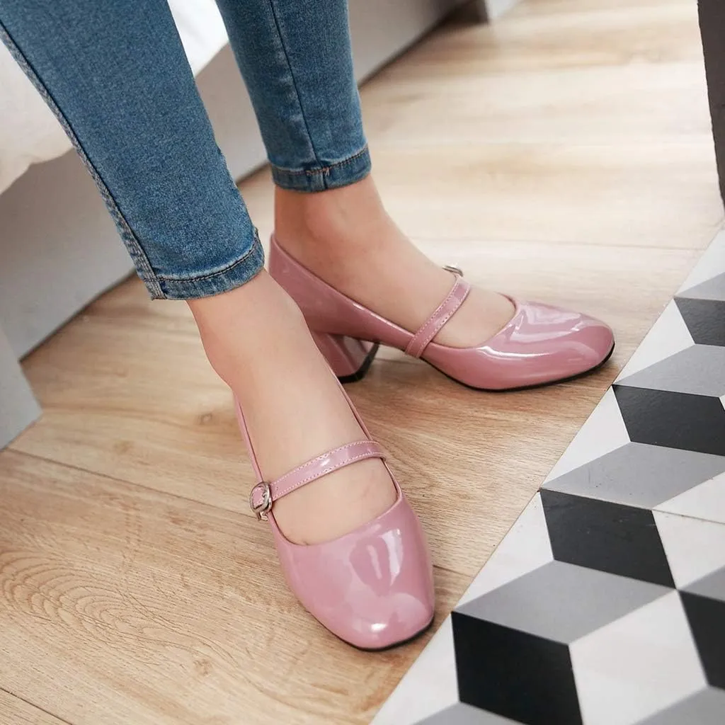 MIOKE Women's Square Toe Mary Jane Pump Oxford Patent Leather Buckle Strap Chunky Mid Heel Retro Dress Shoes